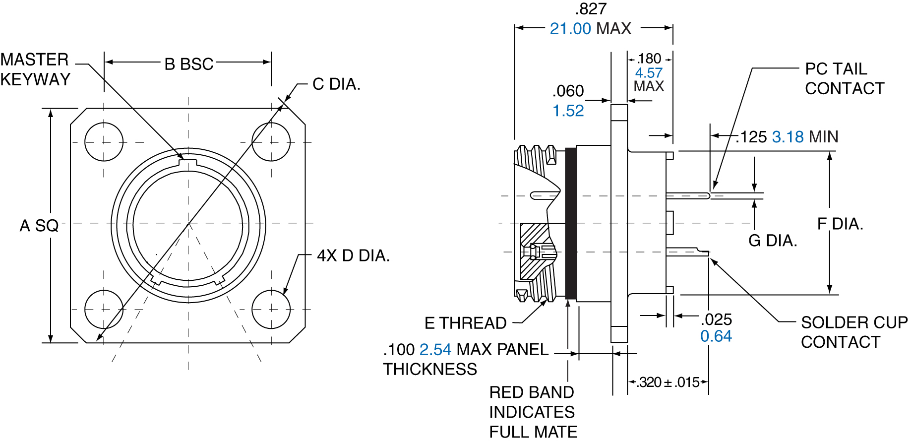 PC Solder Cup Square Flange - 2M805-005-02 and 2M805-017-02 PC Solder Cup Square Flange - 2M805-005-02 and 2M805-017-02