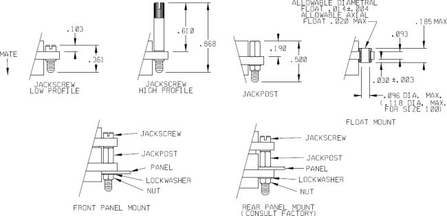 Jackscrew Low Profile
Jackscrew High Profile
Jackpost
Float Mount
Front Panel Mount
Rear Panel Mount (Consult Factory) Jackscrew Low Profile
Jackscrew High Profile
Jackpost
Float Mount
Front Panel Mount
Rear Panel Mount (Consult Factory)