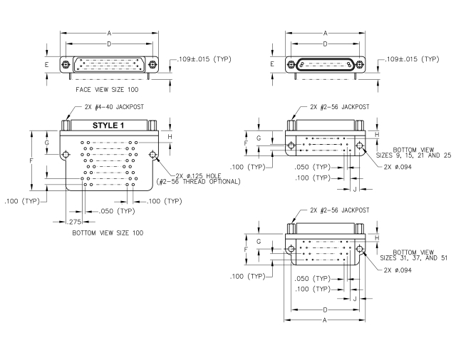Micro-D Circuit Style 1 Dimensions Face View Size 100
Micro-D Circuit Style 1 Dimensions
Micro-D Circuit Style 1 Dimensions Bottom View Size 100
Micro-D Circuit Style 1 Dimensions Bottom View Sizes 9, 15, 21, and 25
Micro-D Circuit Style 1 Dimensions Bottom View Sizes 31, 37, and 51