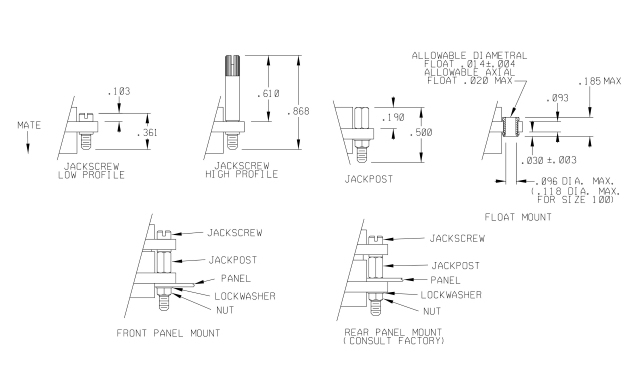 Jackscrew Low Profile
Jackscrew High Profile
Jackpost
Float Mount
Front Panel Mount
Rear Panel Mount (Consult Factory) Jackscrew Low Profile
Jackscrew High Profile
Jackpost
Float Mount
Front Panel Mount
Rear Panel Mount (Consult Factory)